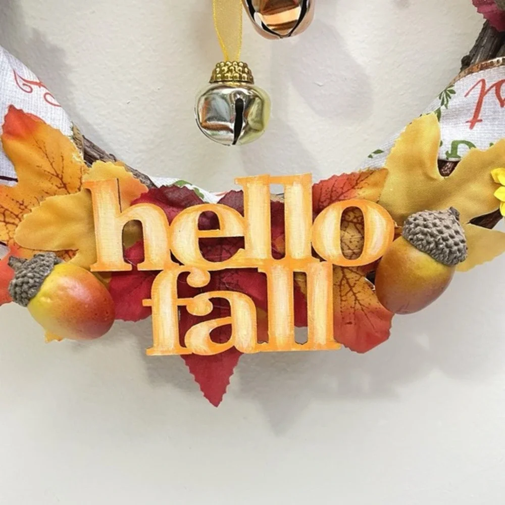 New Hand Made Autumn Wreath Hello Fall‎ Acorns Sunflowers Bells Bow